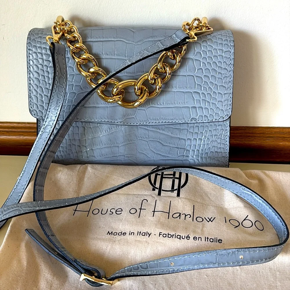 House of Harlow 1960 Light Blue Croc-Embossed Leather Crossbody Bag